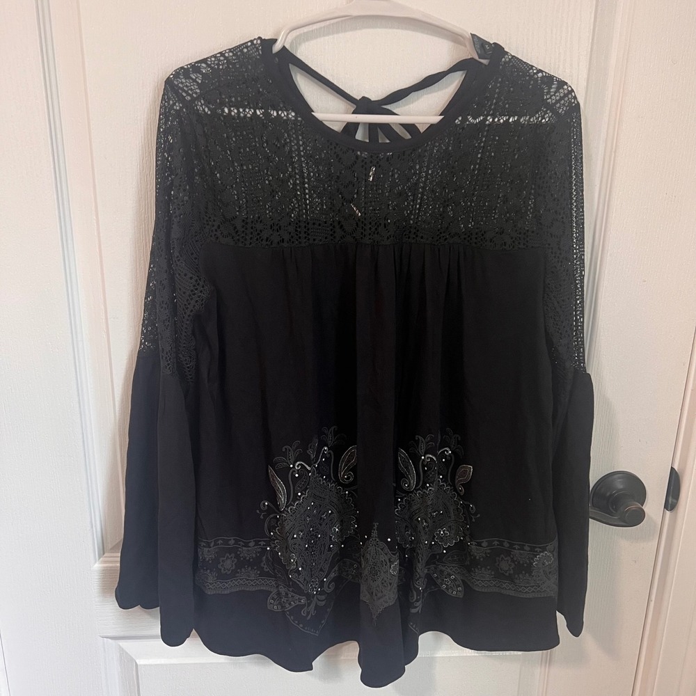 Desigual Black Lace Top Bohemian Blouse Bell Sleeve Embellished Medium NWT